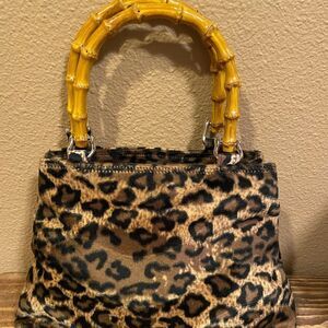 Leopard Print Clutch with Bamboo Handle